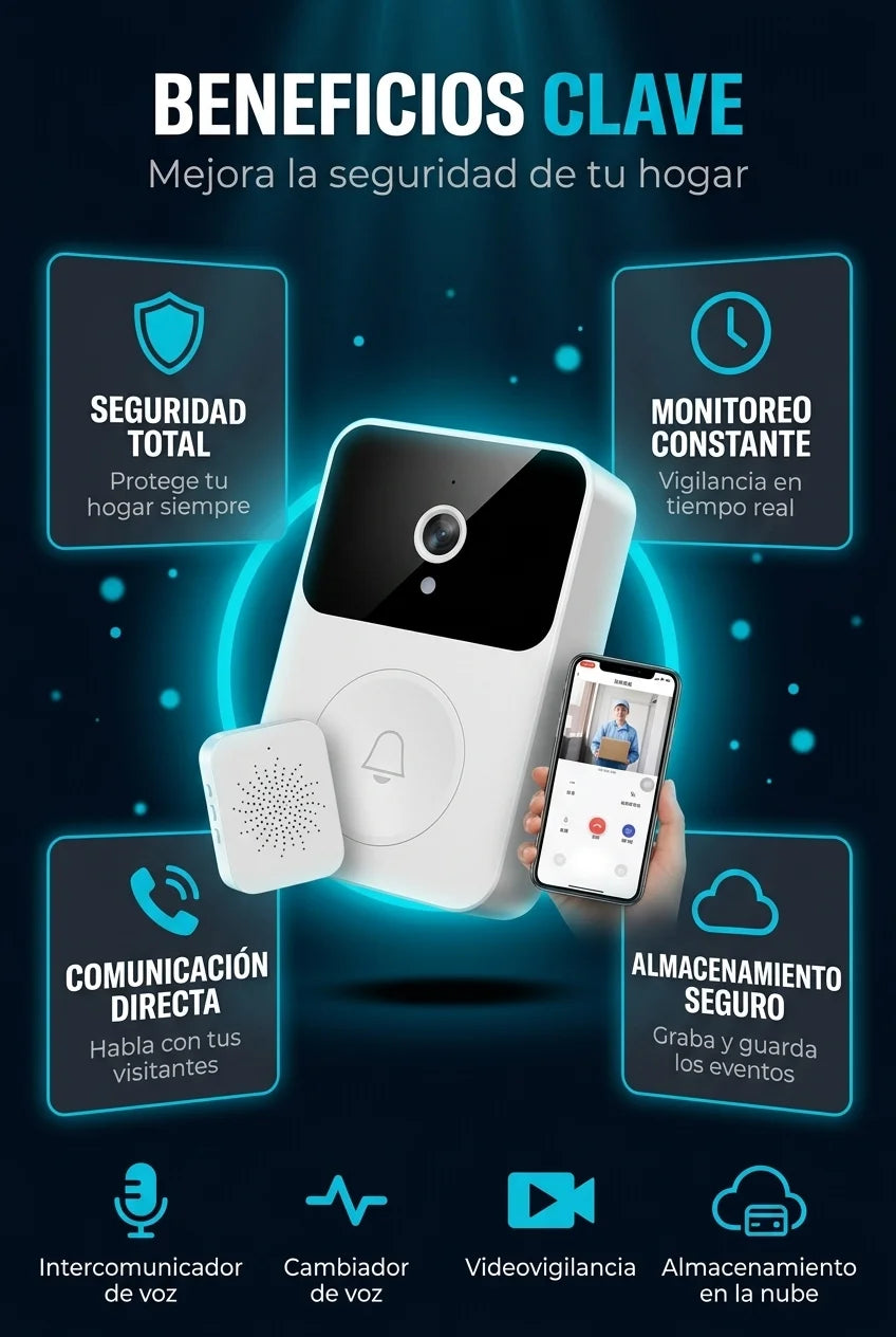 Timbre con Camara Inteligente Inalámbrica - RESISTENCIA AL AGUA + MONITOREO EN EL CELULAR