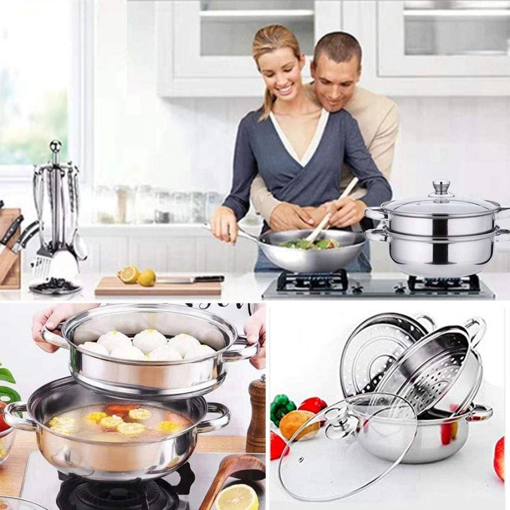 ¡COCINA MÁS SALUDABLE, FÁCIL Y DELICIOSO! Olla Vaporera de Acero Inoxidable de 2 Niveles
