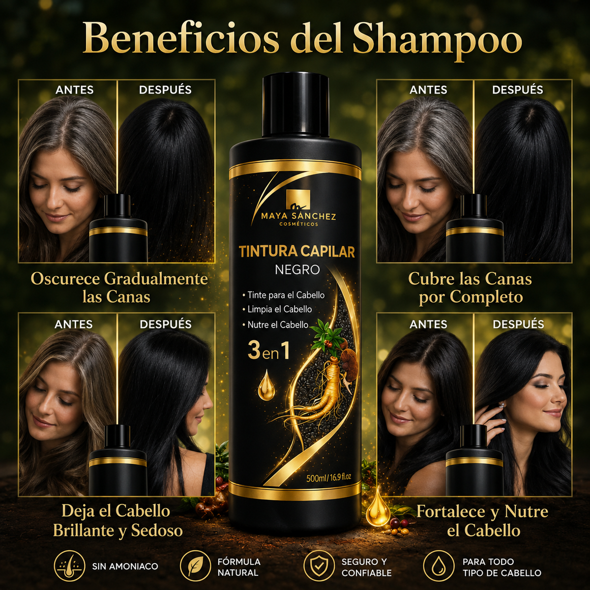 COMPRA 1 LLÉVATE 3 -  KIT HAIR DYE 500ml -  Limpia, Alisa y Colorea el Cabello