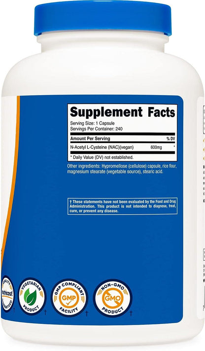 Nutricost N-Acetil L-Cisteína (NAC) 600 mg | 240 cápsulas vegetarianas - Vegano, sin OMG, sin gluten