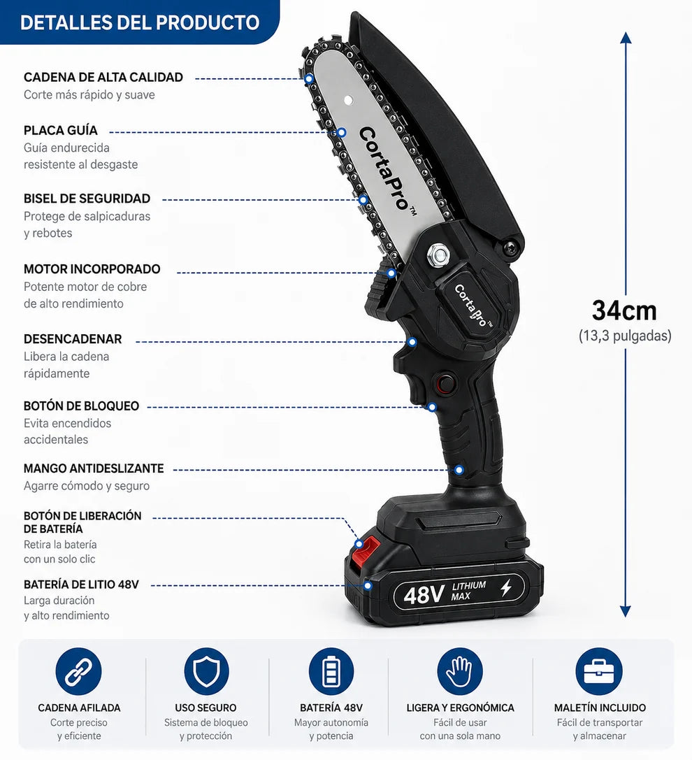 Motosierra Eléctrica 48V CortaPro™ - LLÉVATE 2 BATERÍAS DE REGALO