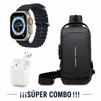 COMBO 3 EN 1 CON 50% OFF: Bolso Antirrobo + SmartWatch T800 + Auriculares i12