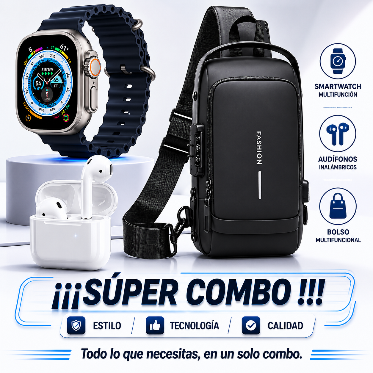 COMBO 3 EN 1 CON 50% OFF: Bolso Antirrobo + SmartWatch T800 + Auriculares i12