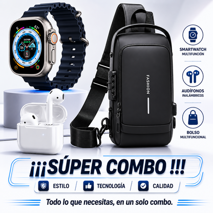 COMBO 3 EN 1 CON 50% OFF: Bolso Antirrobo + SmartWatch T800 + Auriculares i12