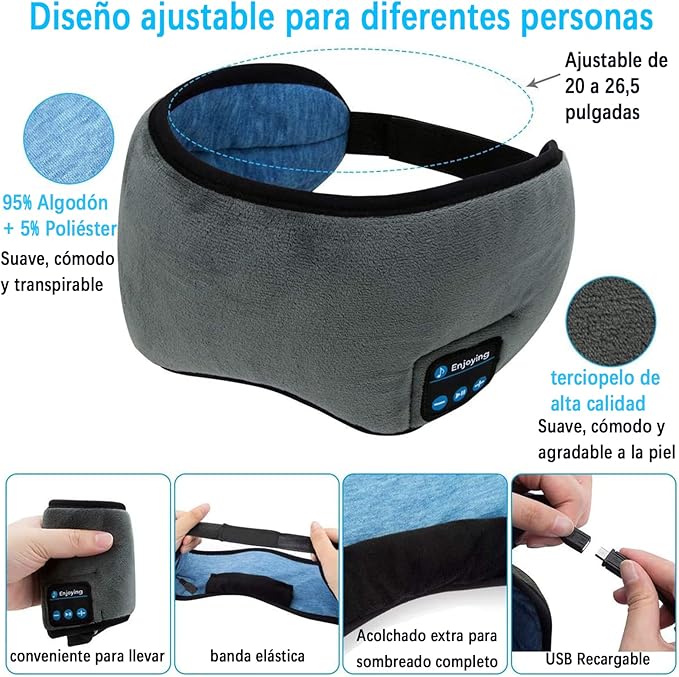 Relax Band™ Antifaz para Dormir 3 en 1: Antiluminoso + Antirruido + Audífonos Bluetooth para Dormir