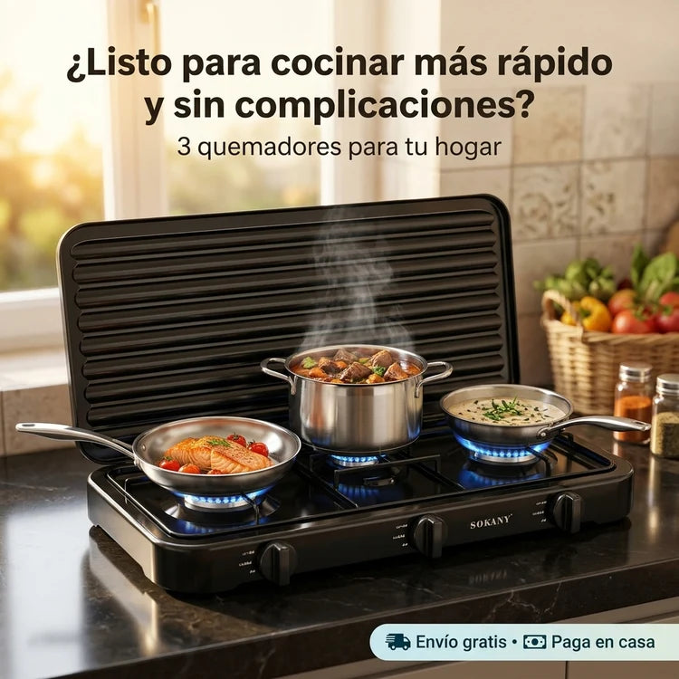 Estufa Sokany 3 Quemadores – Cocina rápida, segura y práctica para preparar tus comidas diarias