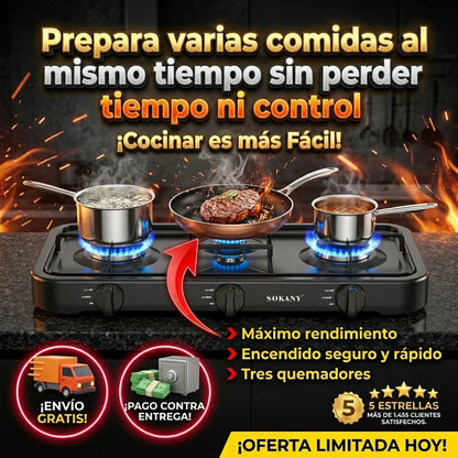 Estufa Sokany 3 Quemadores – Cocina rápida, segura y práctica para preparar tus comidas diarias