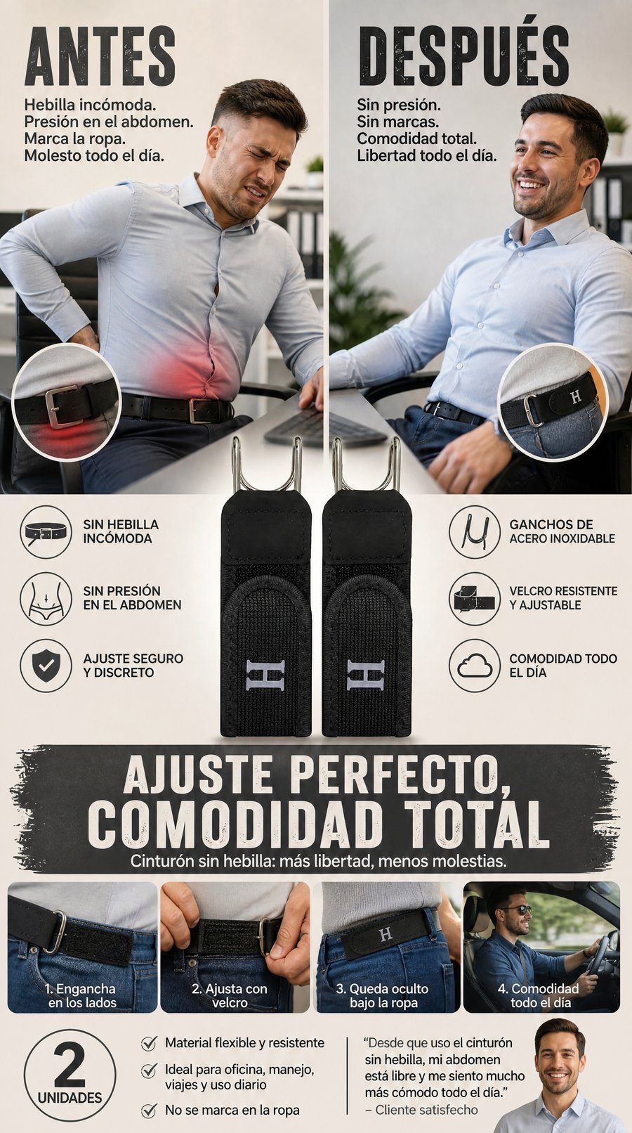 Antes y después con el cinturón sin hebilla