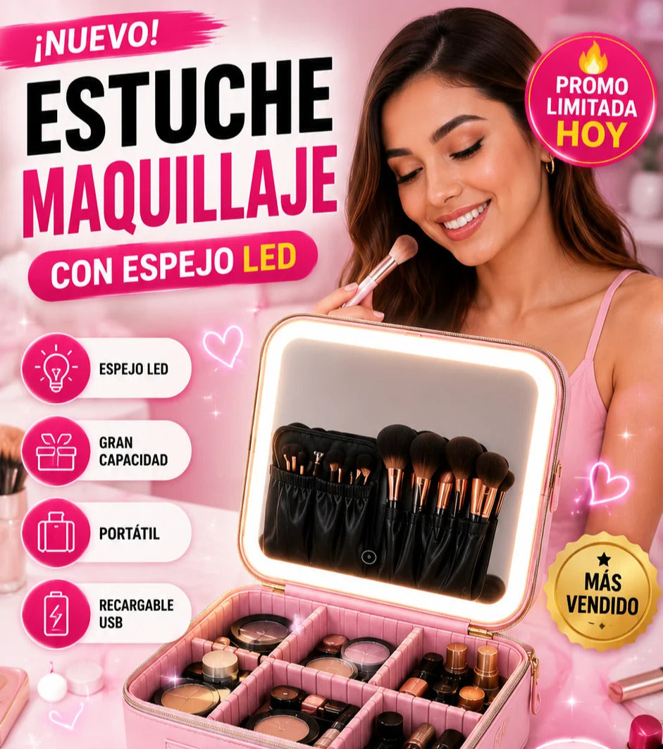 Cosmetiquera con espejo 3 luces - Organiza, ilumina y maquíllate como una profesional, estés donde estés.